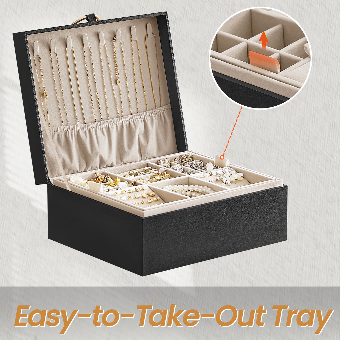 2-Tier Jewelry Organizer Box with Removable Tray & Floating Base – Stylish Metal Handle, Velvet-Lined Storage for Necklaces, Rings, Watches, Black