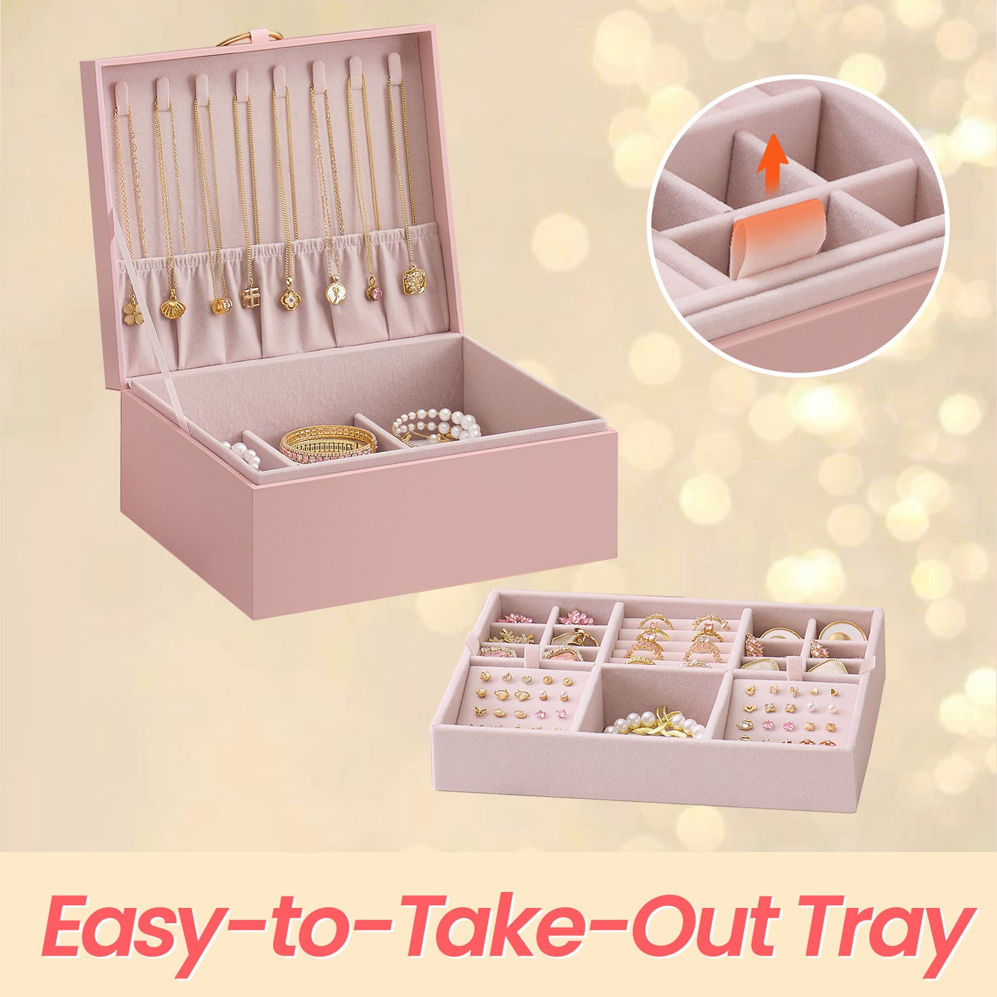 Jewelry Box Organizer - 2-Tier Floating Design with Removable Tray, Velvet Lined Storage & Handle, Gift Ready, Jelly Pink
