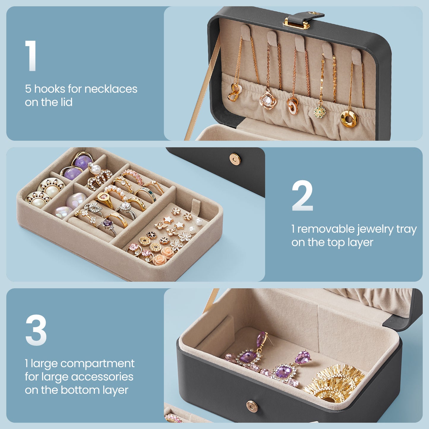 Travel Jewelry Box Organizer, 2-Layer Portable Jewelry Case with Removable Tray & 5 Necklace Hooks, Compact Storage for Earrings, Rings, Bracelets, Slate Gray