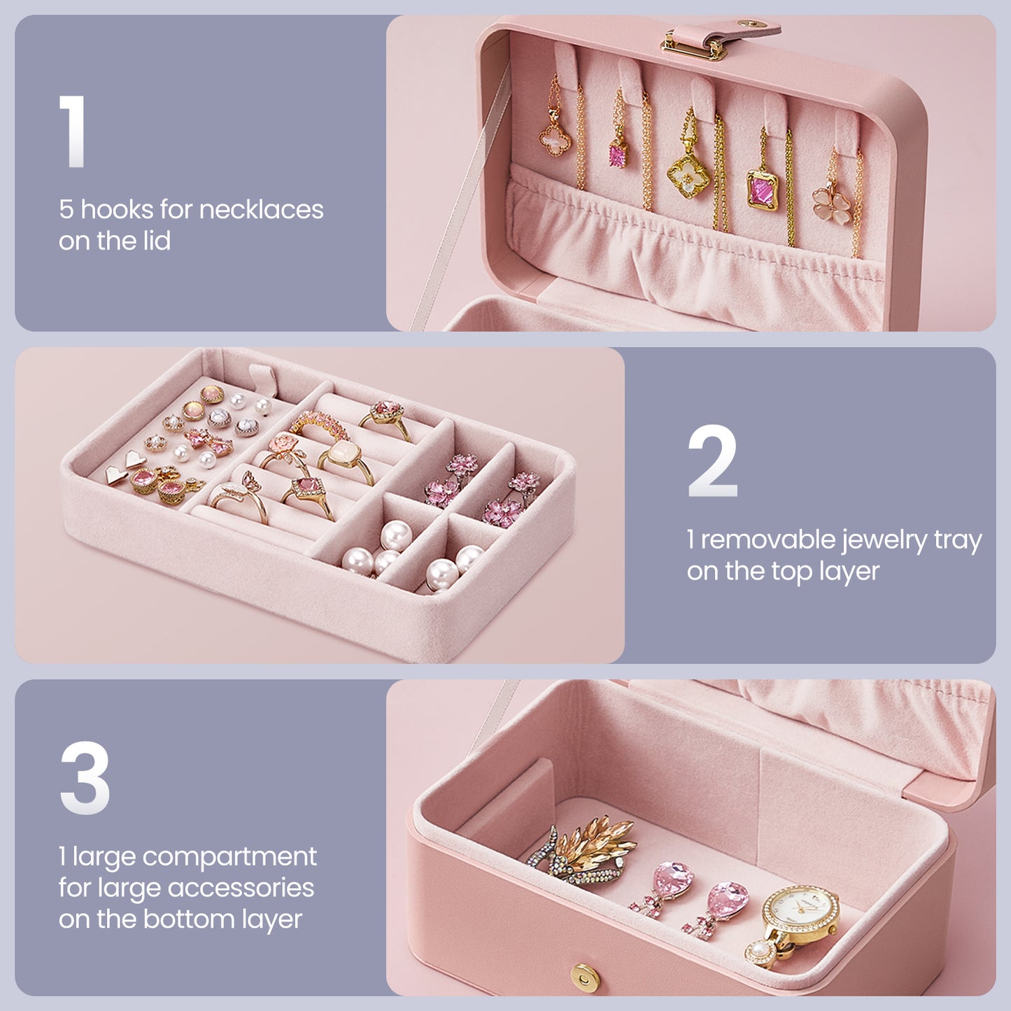Travel Jewelry Organizer Box, 2-Tier Portable Jewelry Case with Removable Tray & Necklace Hooks, Compact Storage for Earrings, Rings, Bracelets & Large Accessories, Jelly Pink