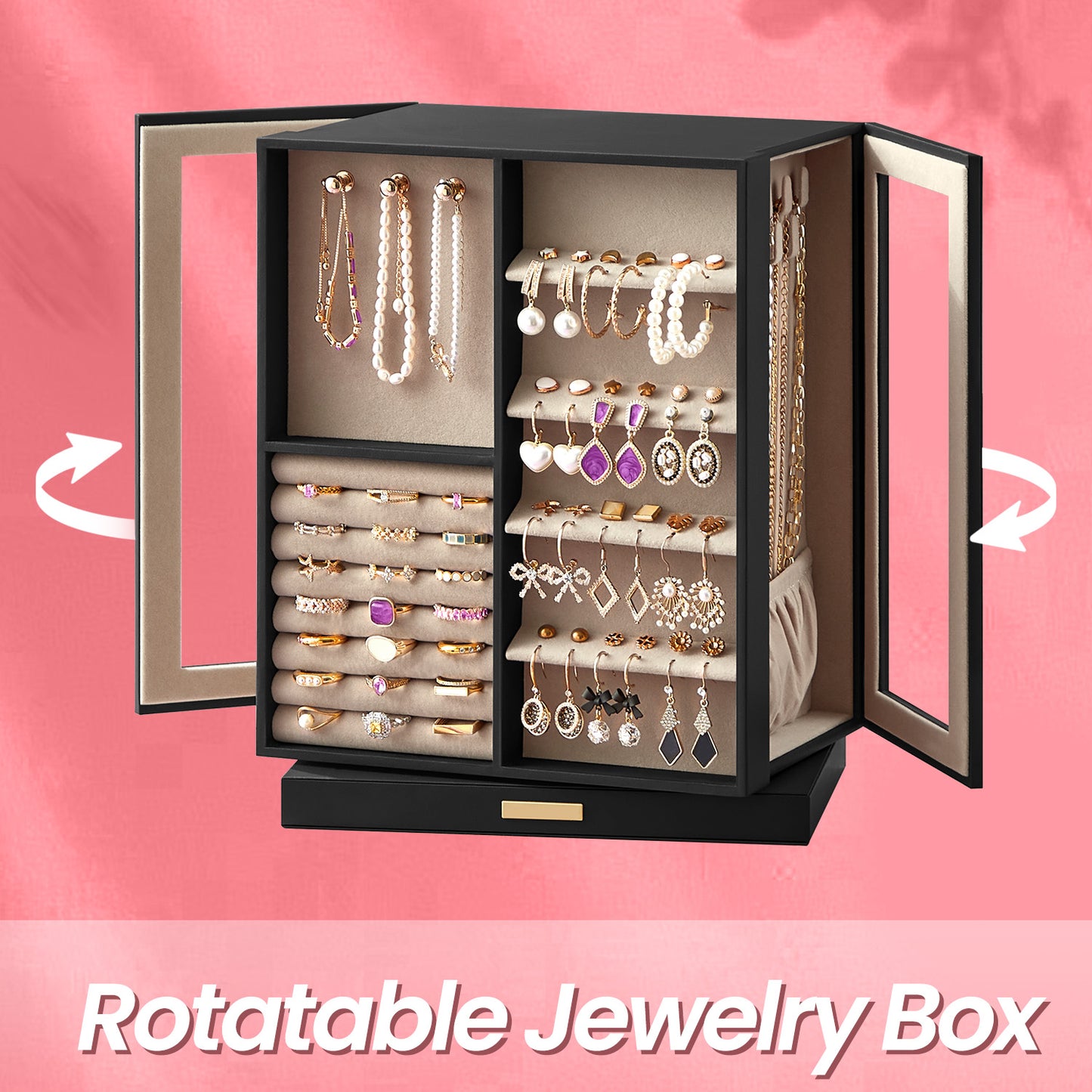 360° Rotating Jewelry Organizer with 5 Drawers, Glass Window & 18 Necklace Hooks – Vertical Storage, Velvet Lined, Gift-Ready, Graphite Black