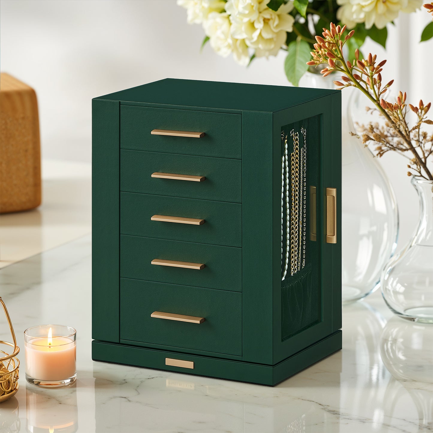 360° Rotating Jewelry Organizer with 5 Drawers & 18 Necklace Hooks, Vertical Storage, Glass Window, Velvet Lining, Giftable Jewelry Box , Forest Green