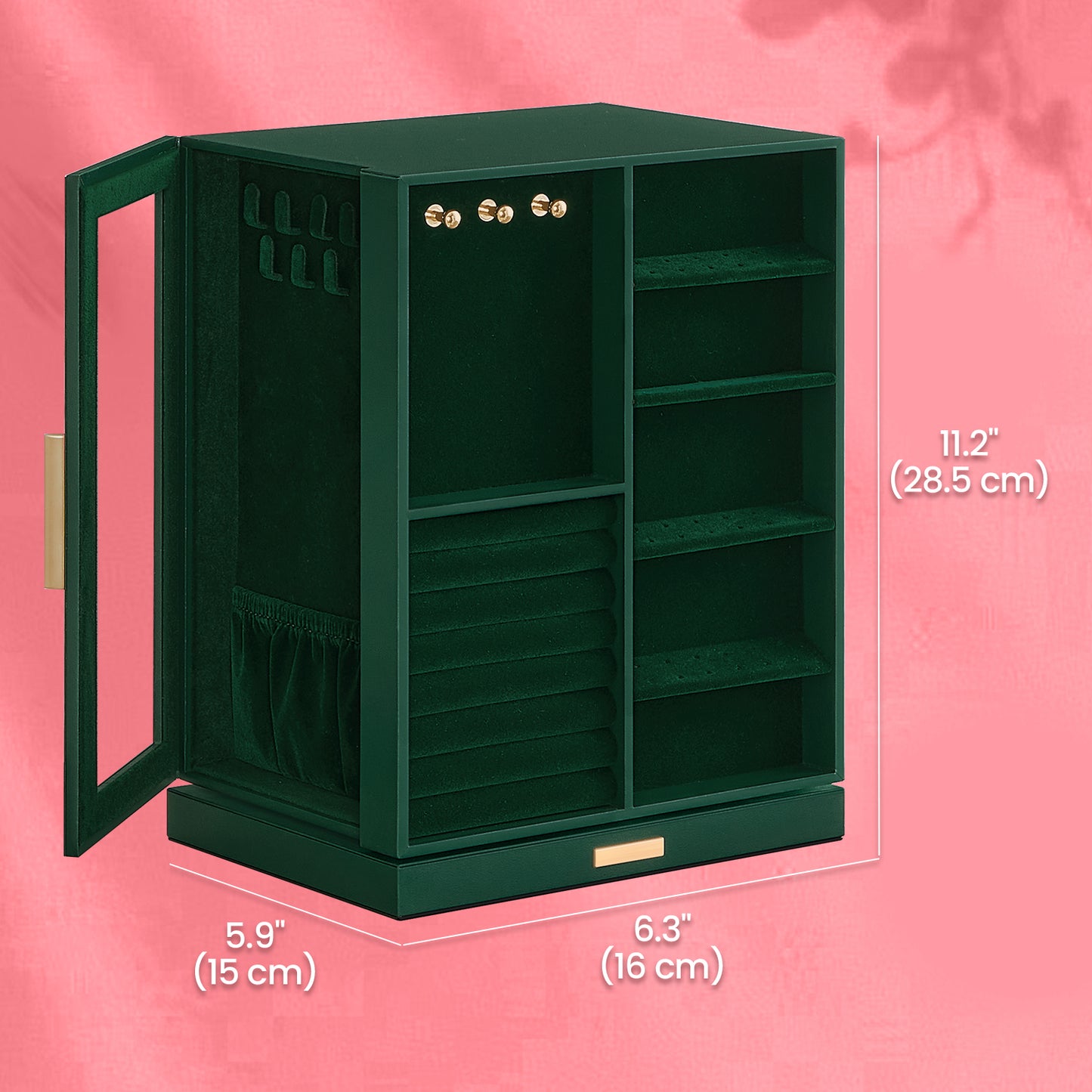 360° Rotating Jewelry Organizer with 5 Drawers & 18 Necklace Hooks, Vertical Storage, Glass Window, Velvet Lining, Giftable Jewelry Box , Forest Green