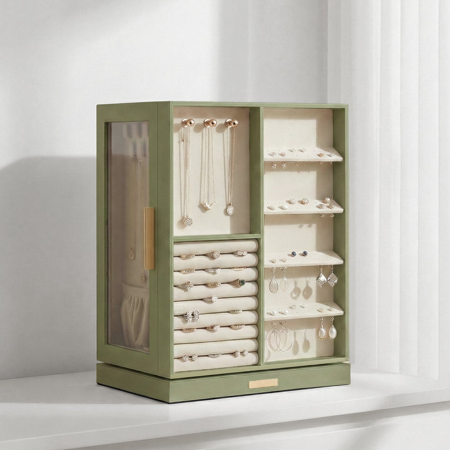 360° Rotating Jewelry Box Organizer with 5 Drawers, Vertical Earring Storage, 8.7 x 6.3 x 11 Inches, Olive Green