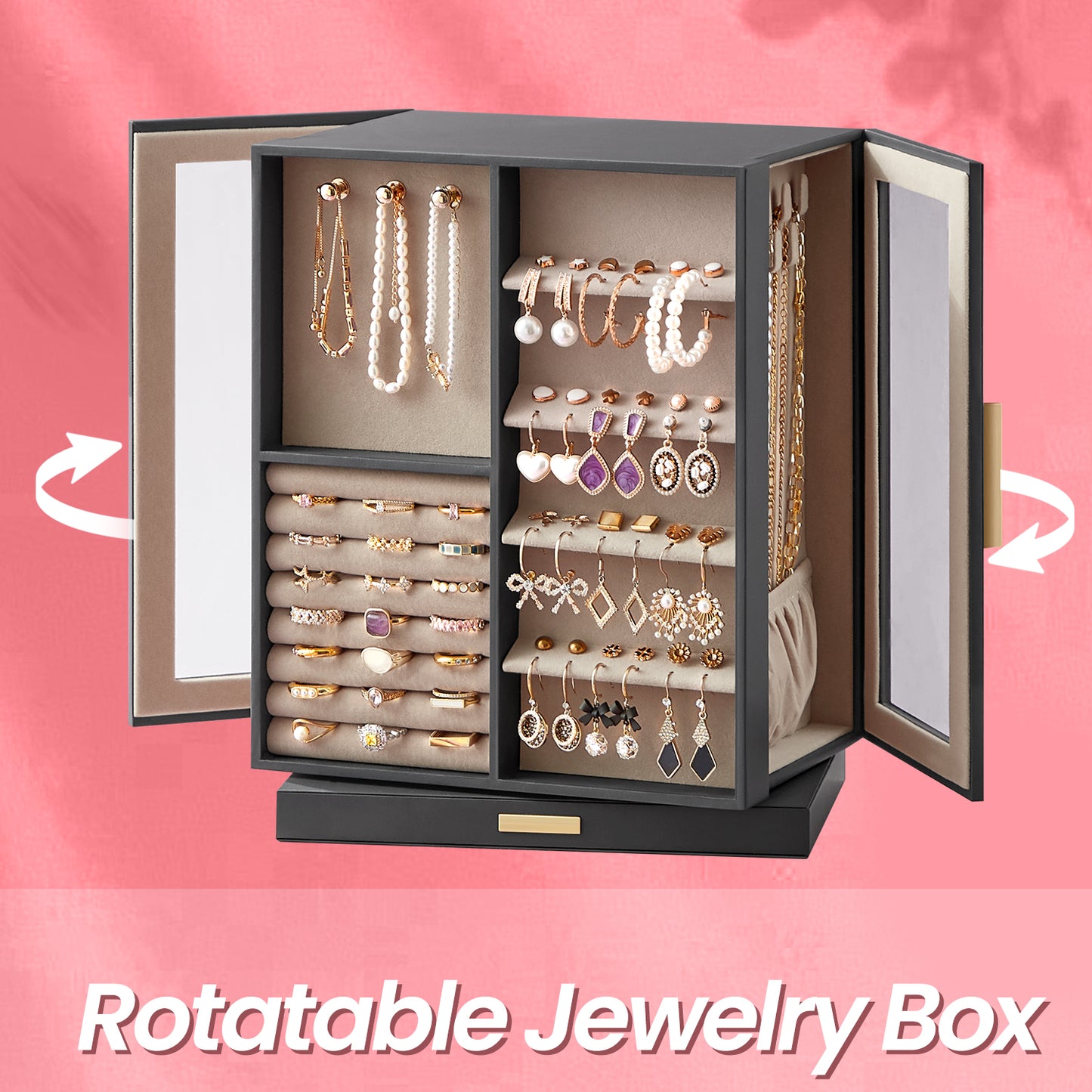 360° Rotating Jewelry Organizer with 5 Drawers, 18 Necklace Hooks, Glass Window & Velvet Lining , Vertical Storage for Rings, Earrings, Necklaces ,Slate Gray