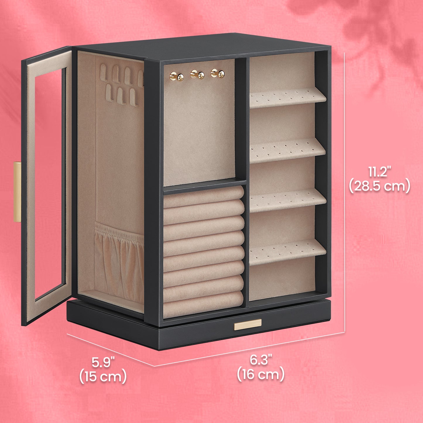360° Rotating Jewelry Organizer with 5 Drawers, 18 Necklace Hooks, Glass Window & Velvet Lining , Vertical Storage for Rings, Earrings, Necklaces ,Slate Gray