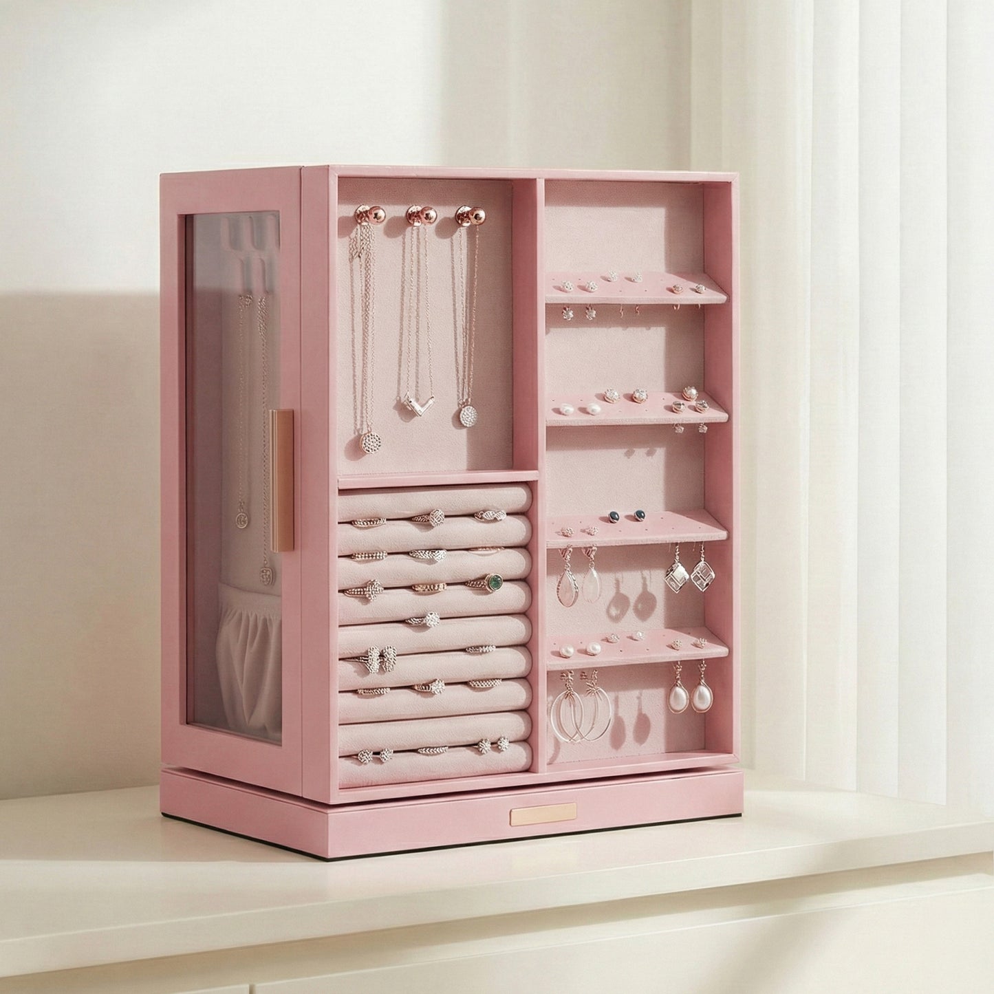 360° Rotating Jewelry Box Organizer with 5 Drawers, Vertical Earring Storage, 8.7 x 6.3 x 11 Inches, Pink