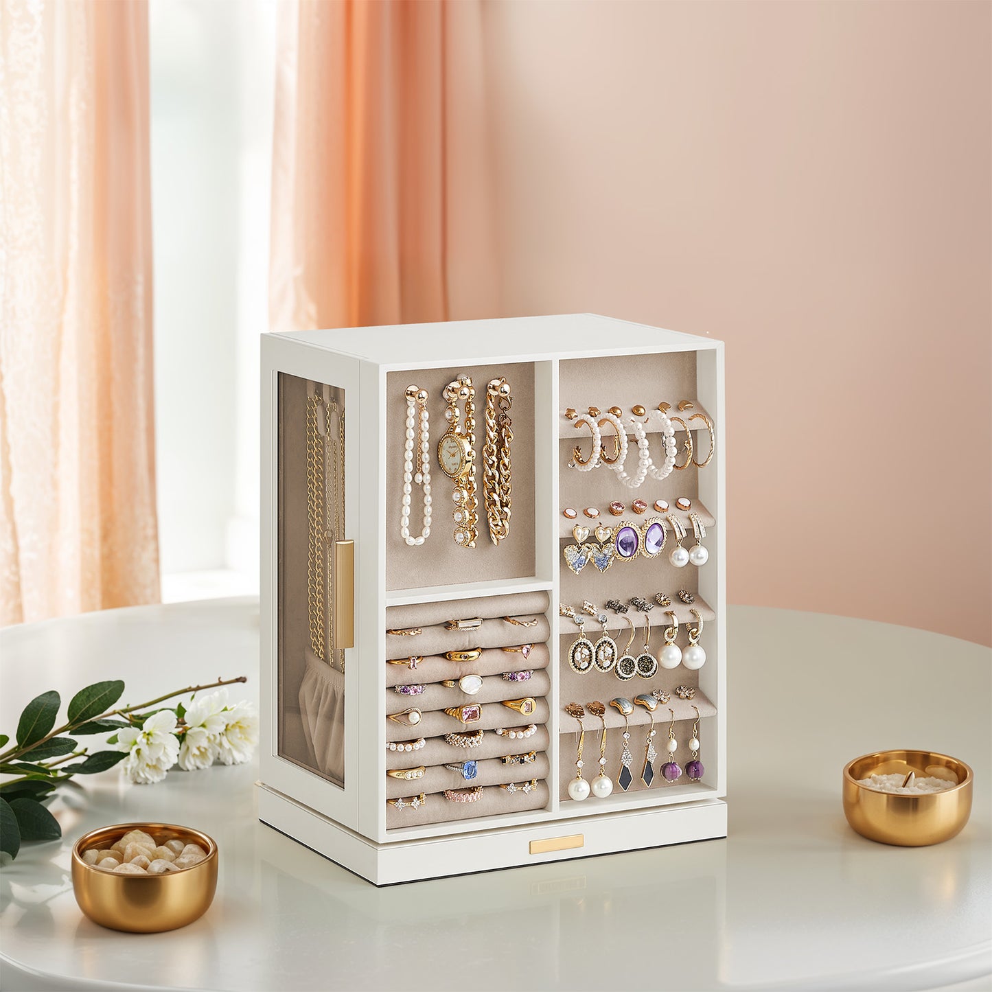 Rotating Jewelry Storage Box with 5 Drawers & 18 Necklace Hooks, Vertical Jewelry Organizer with Glass Window & Soft Velvet Lining, Cloud White