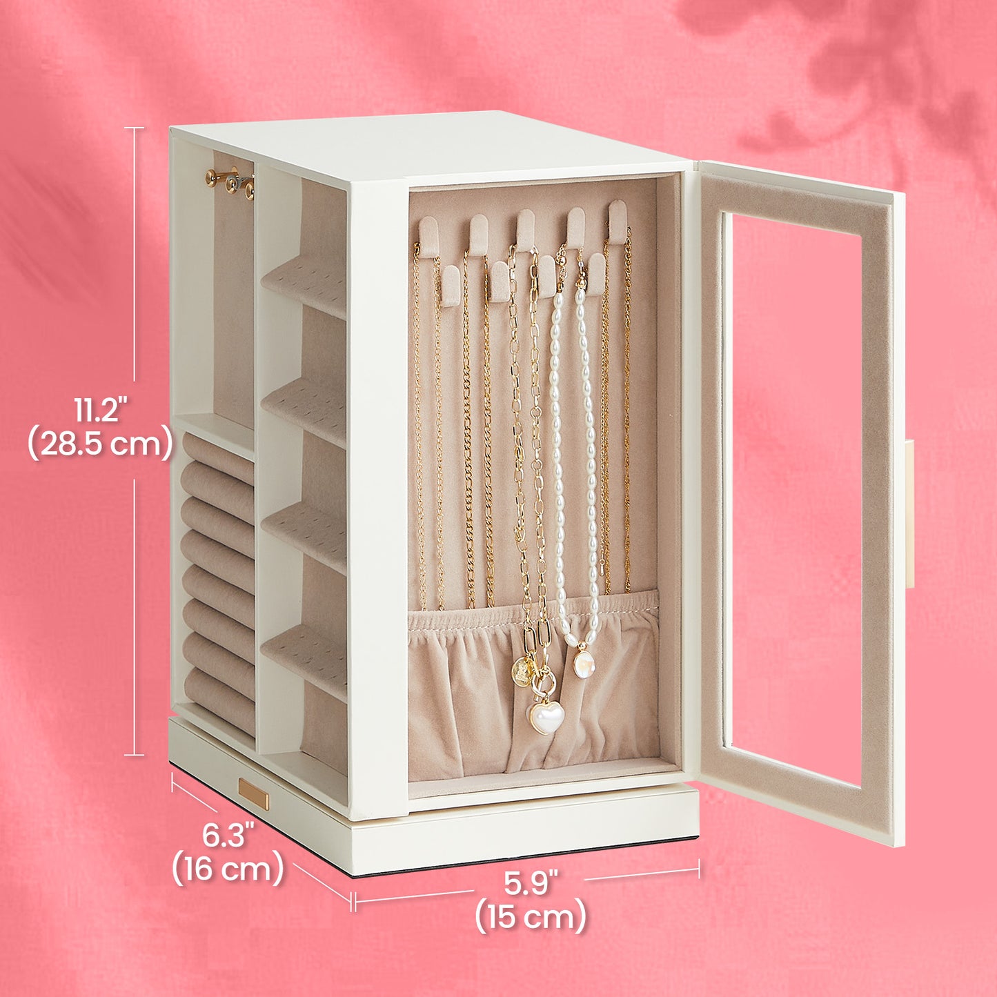 Rotating Jewelry Storage Box with 5 Drawers & 18 Necklace Hooks, Vertical Jewelry Organizer with Glass Window & Soft Velvet Lining, Cloud White