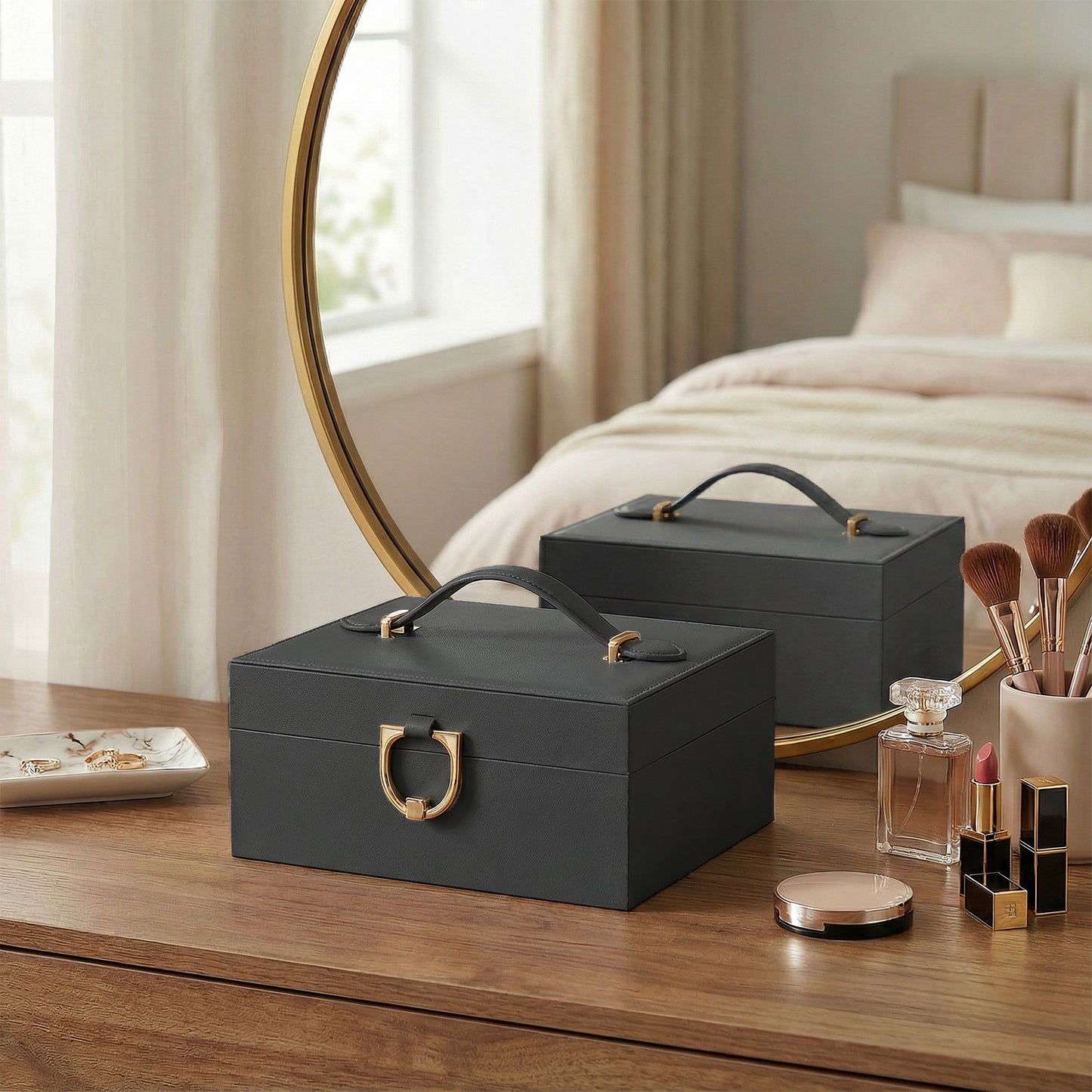 2-Tier Jewelry Storage Box, Removable Tray Organizer for Rings, Necklaces, Earrings, Gift for Women, Black and Beige