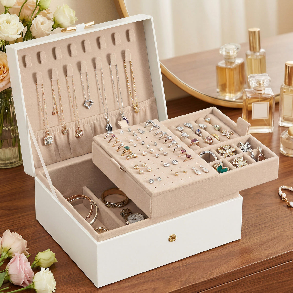 2-Tier Jewelry Storage Box, Removable Tray Organizer for Rings, Necklaces, Earrings, Gift for Women, White