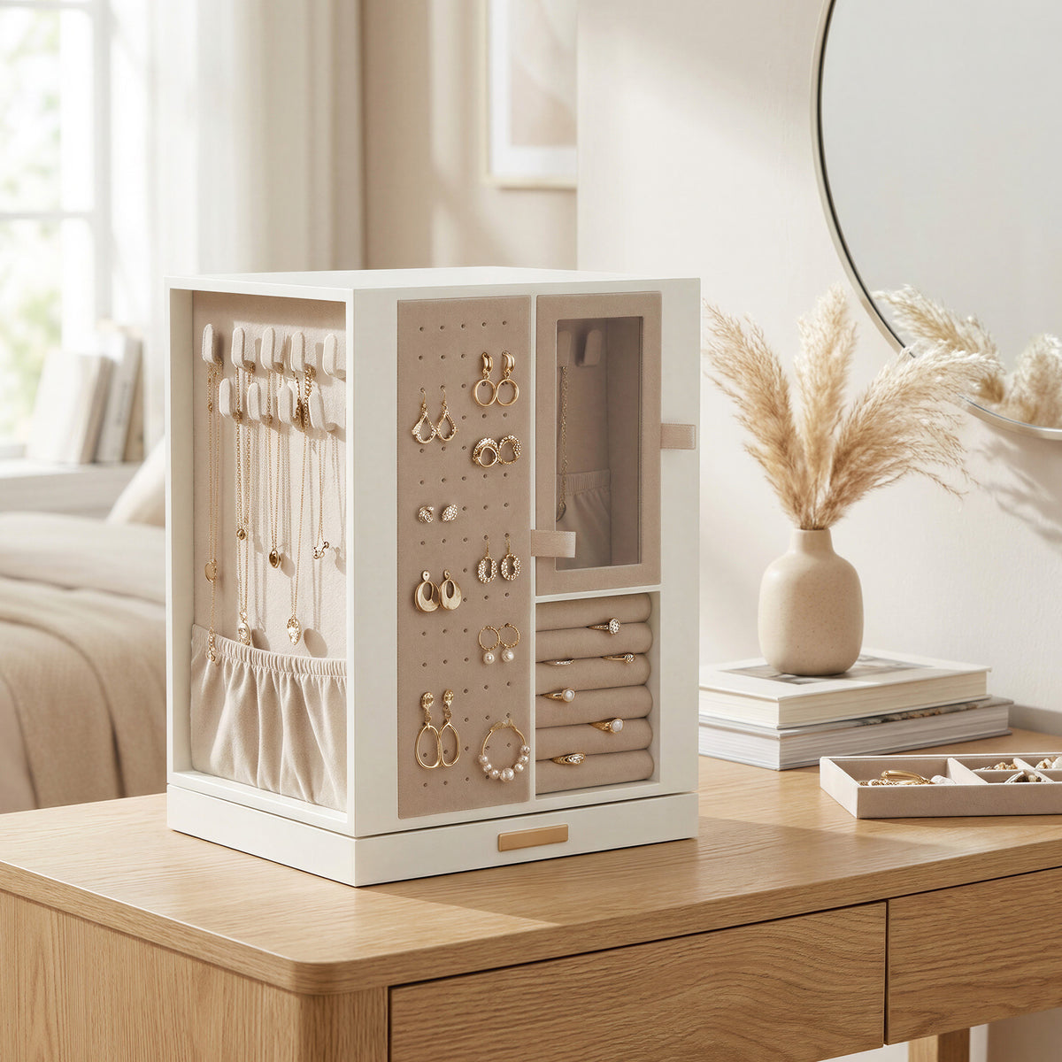 360° Rotating Jewellery Box Organiser, Vertical Storage Case with 4 Drawers for Necklaces Rings Earrings, Cream White and Gold