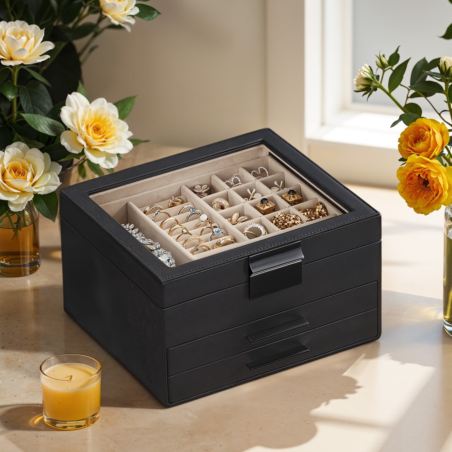 3-Layer Jewelry Box Organizer with Glass Lid & 2 Drawers, Modern PU + MDF Storage Case for Rings, Necklaces, Bracelets ,Graphite Black,Silver