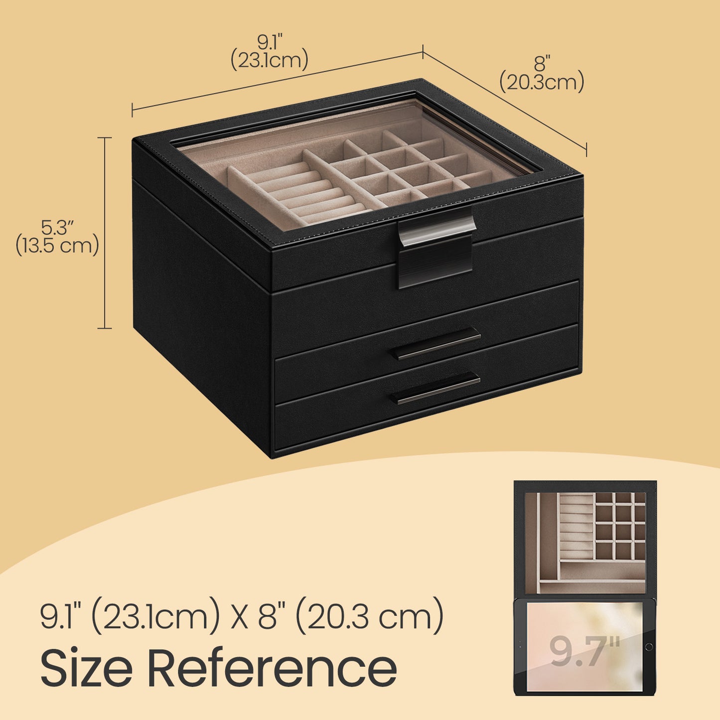 3-Layer Jewelry Box Organizer with Glass Lid & 2 Drawers, Modern PU + MDF Storage Case for Rings, Necklaces, Bracelets ,Graphite Black,Silver
