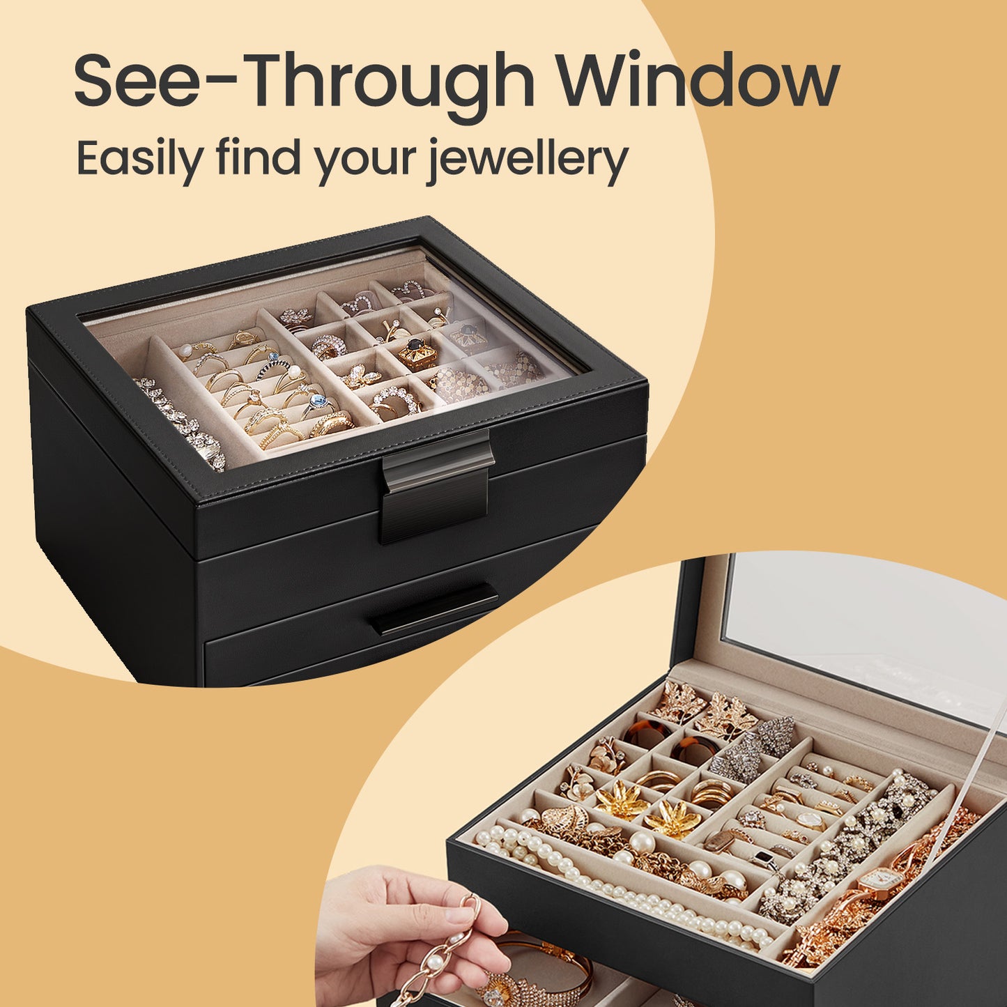 3-Layer Jewelry Box Organizer with Glass Lid & 2 Drawers, Modern PU + MDF Storage Case for Rings, Necklaces, Bracelets ,Graphite Black,Silver