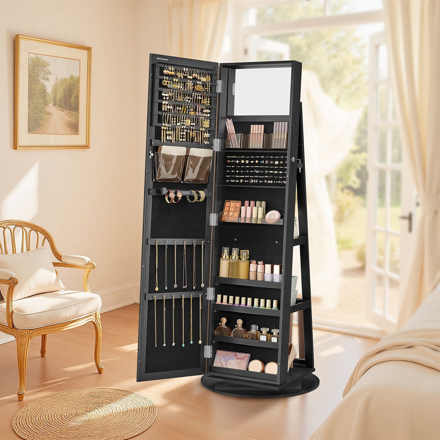 360° Swivel Jewelry Armoire with Lock, Full-Length Mirror & Rear Shelves – 120 Earring Slots, 12 Necklace Hooks, 78 Ring Holders, Velvet-Lined, Black
