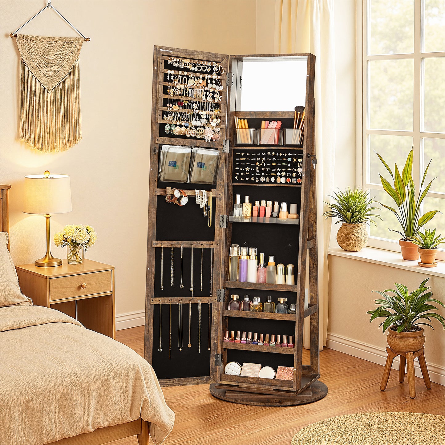 360° Swivel Jewelry Armoire with Lock, Full-Length Mirror & Rear Shelves,120 Earring Slots, 12 Necklace Hooks, 4 Storage Shelves, Velvet Lining,Rustic Brown