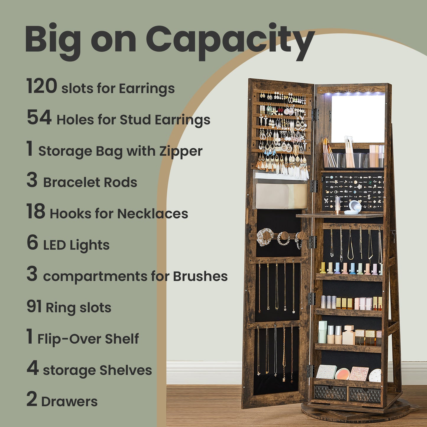 Lockable LED Jewelry Cabinet with 360° Swivel, Full-Length Mirror, 3 Shelves + 2 Drawers, 120 Earring Slots, Black Velvet Lining, Rustic Brown