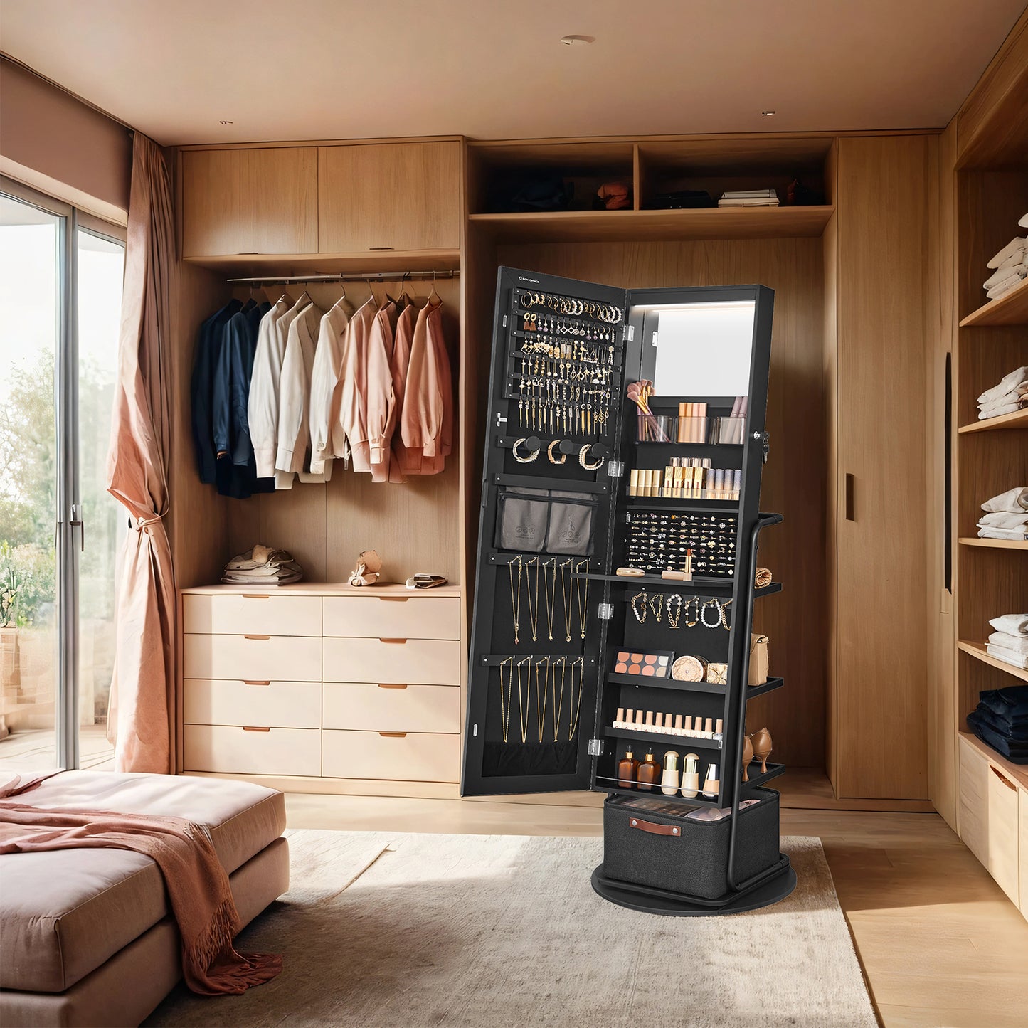 360° Swivel Jewelry Cabinet with LED Lights - Full-Length Mirror, Makeup Shelf & Storage Basket, Standing Armoire Organizer, Ink Black