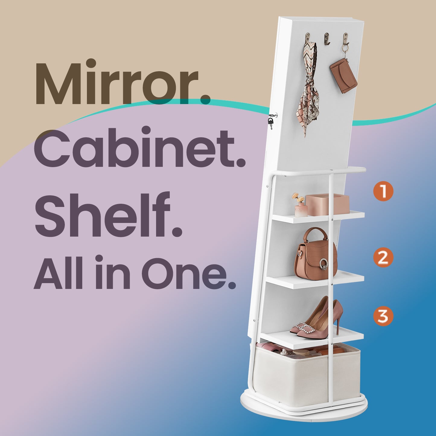 360° Rotating Jewelry Cabinet with LED Lights - Full-Length Mirror, Makeup Station & Storage Organizer, Standing Armoire with Basket, Cloud White