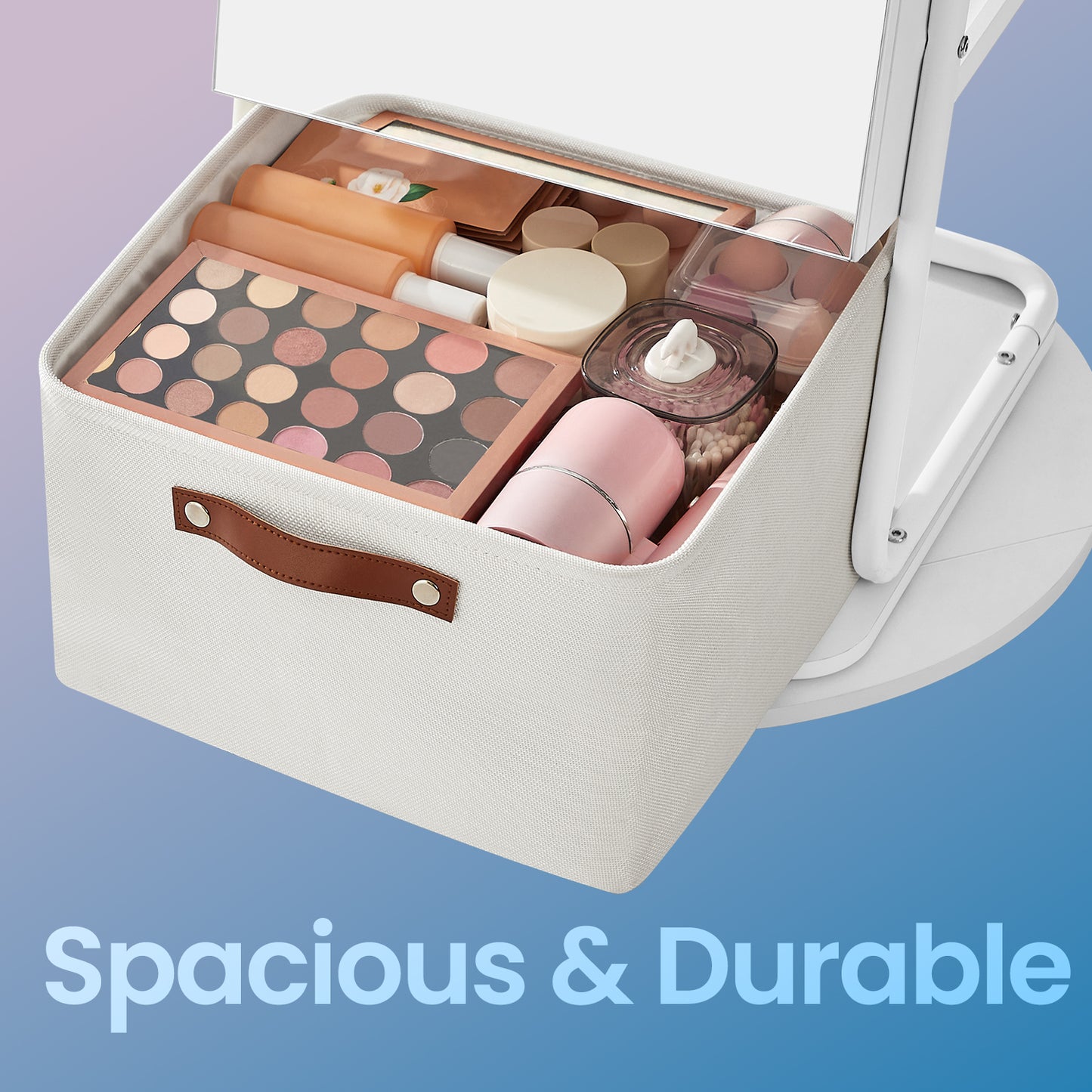360° Rotating Jewelry Cabinet with LED Lights - Full-Length Mirror, Makeup Station & Storage Organizer, Standing Armoire with Basket, Cloud White