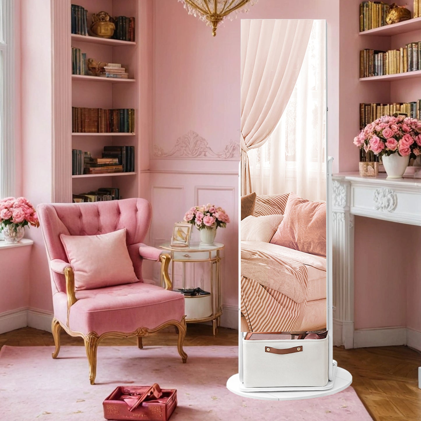 360° Rotating Jewelry Cabinet with LED Lights - Full-Length Mirror, Makeup Station & Storage Organizer, Standing Armoire with Basket, Cloud White