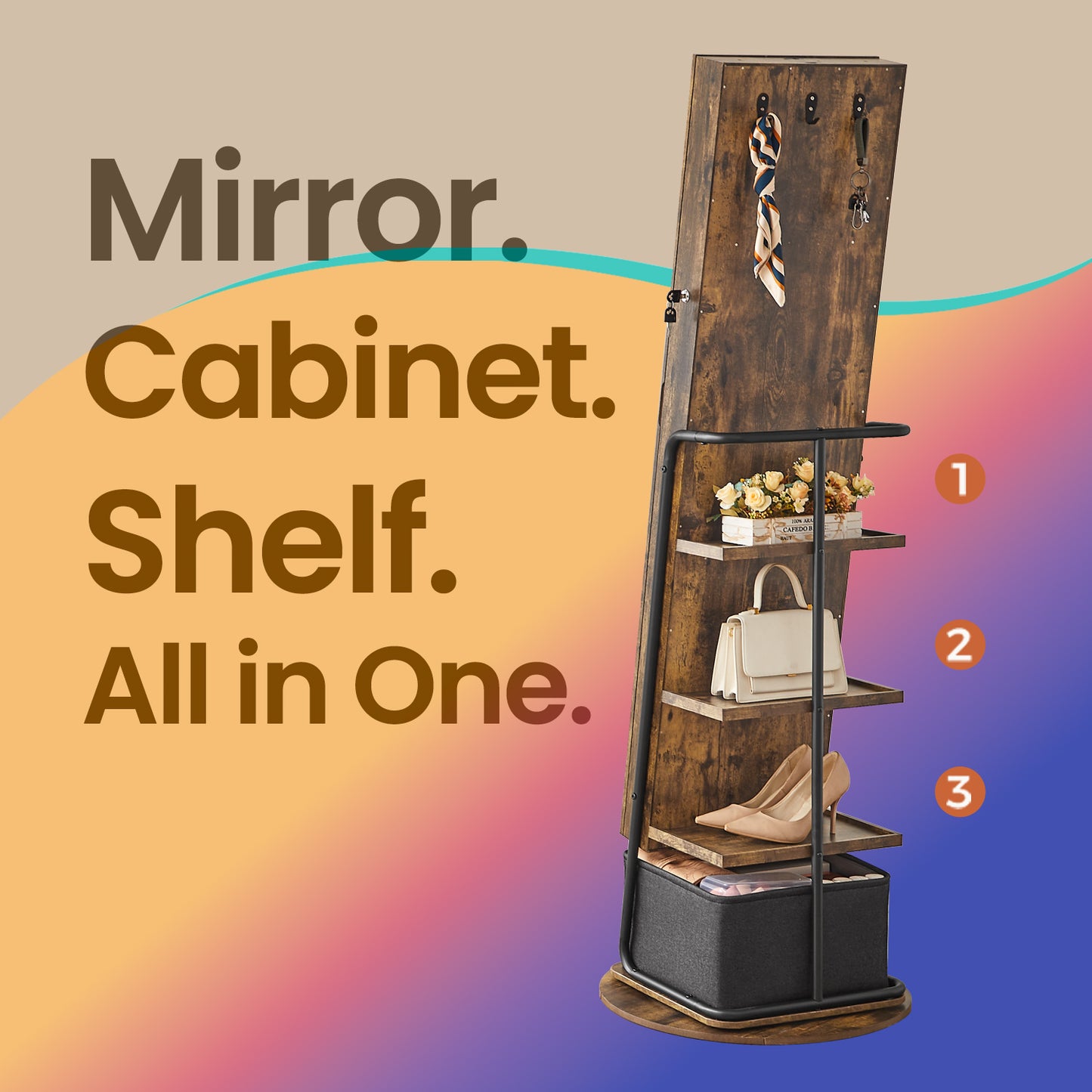 360° Rotating Jewelry Cabinet with LED Lights - Full-Length Mirror, Jewelry Organizer & Makeup Station, Storage Basket, Rustic Brown