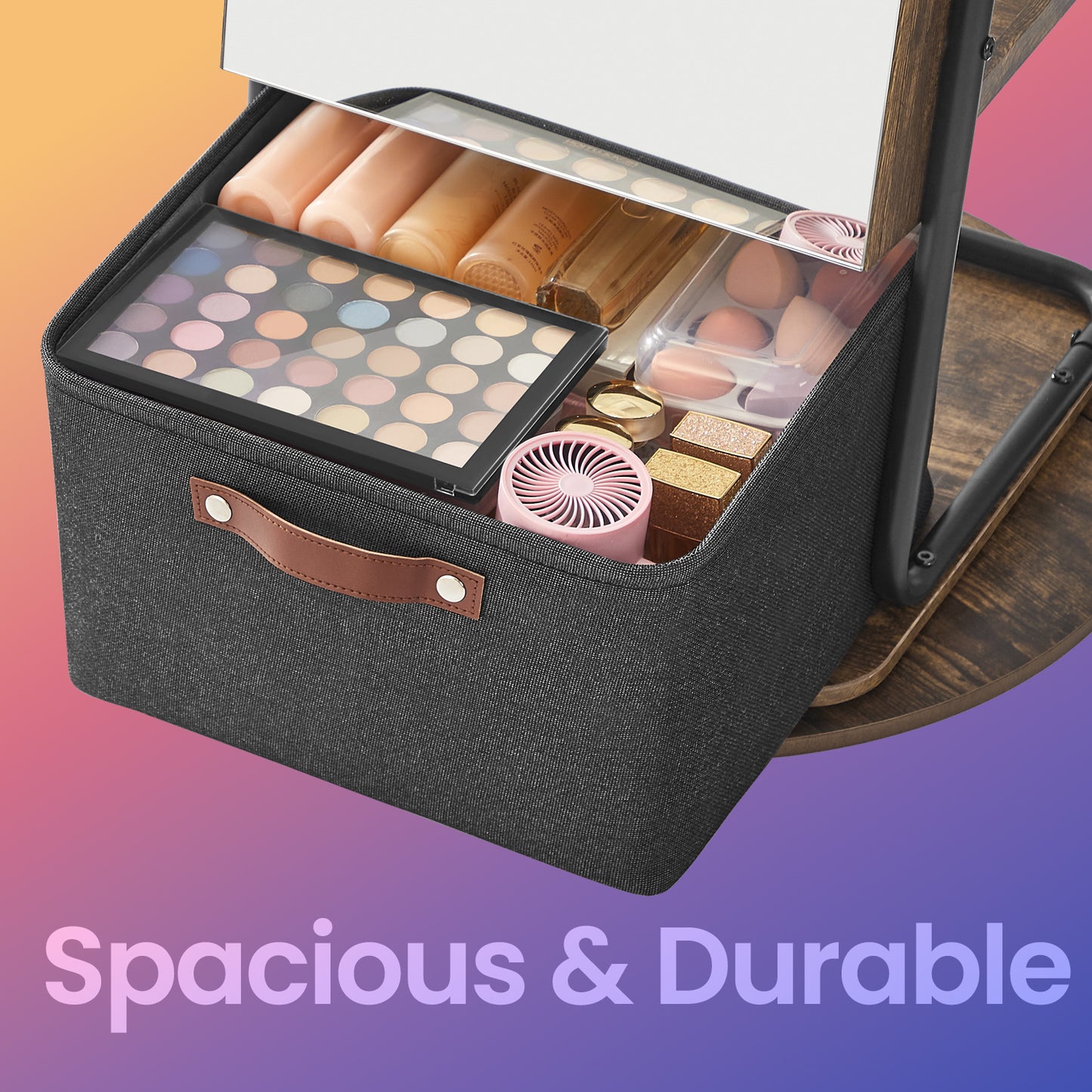 360° Rotating Jewelry Cabinet with LED Lights - Full-Length Mirror, Jewelry Organizer & Makeup Station, Storage Basket, Rustic Brown