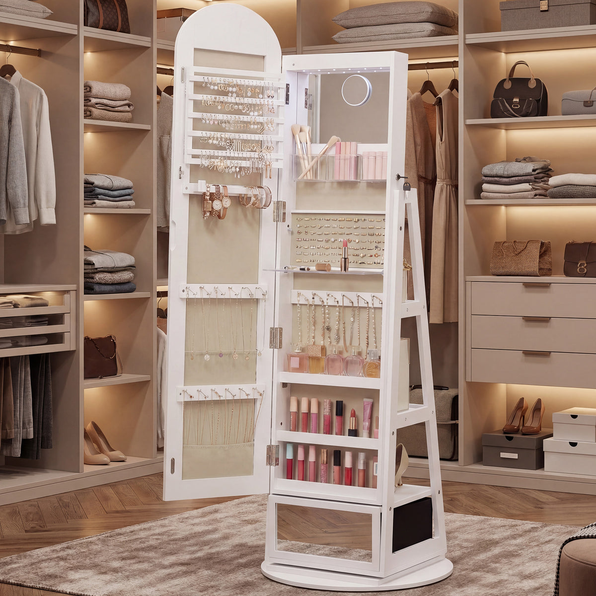Jewelry Cabinet with 360° Swivel Full-Length Arched Mirror and LED Lights, 22 x 22 x 63.7 Inches, White and Beige