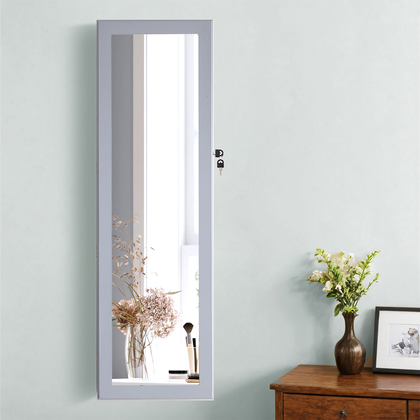 LED Illuminated Jewelry Cabinet - 47" Tall Wall/Door Mount Organizer with Full-Length Mirror & 200+ Storage Slots, 2 Drawers, Gray