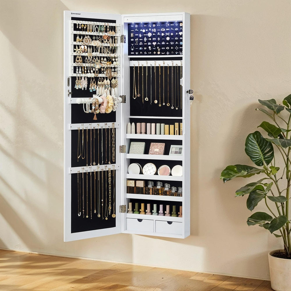6-LED Mirror Jewelry Cabinet, 47.2-Inch Lockable Armoire with Storage Drawers & Hooks, Wall/Door Mounted Jewelry Organizer, White