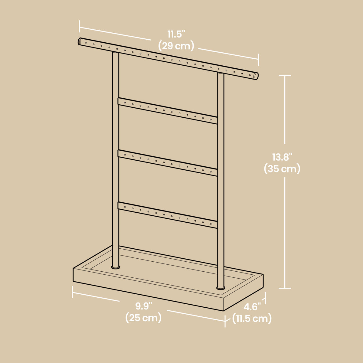 LEDREM 4-Tier Jewelry Stand, Jewelry Holder with Bottom Tray, for Necklaces and Earrings, Gift Idea, Wood Color and Black