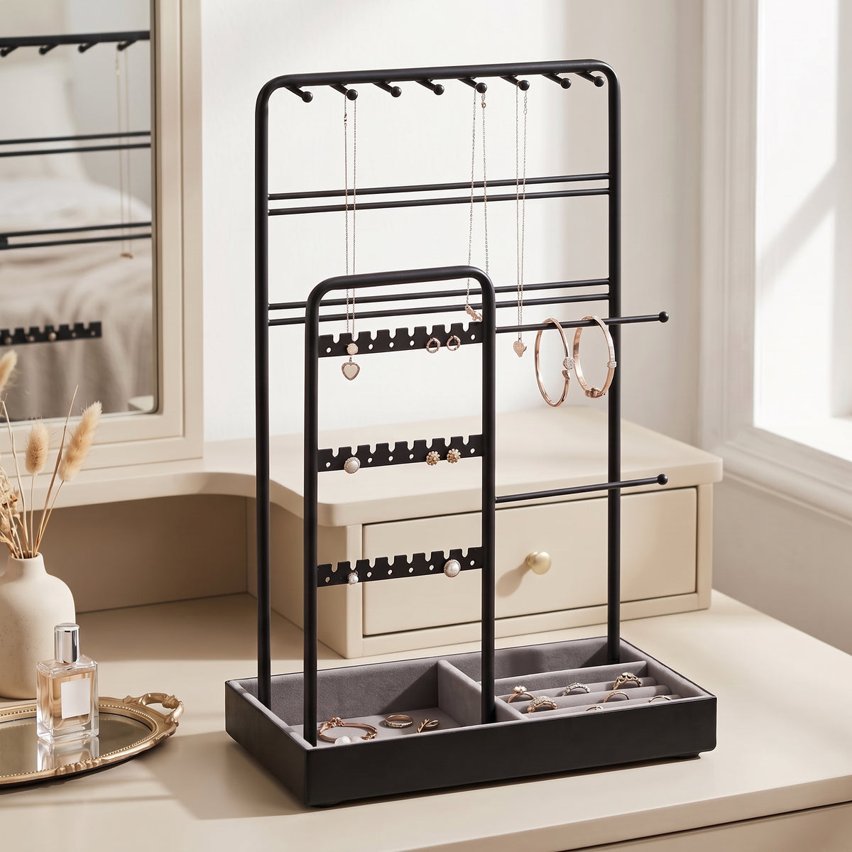 LEDREM Jewelry Holder, Jewelry Organizer, Jewelry Display Stand with Steel Frame, Flocking Fabric Tray, Necklace Earring Bracelet Holder, for Studs, Rings, Gift, Black and Gray