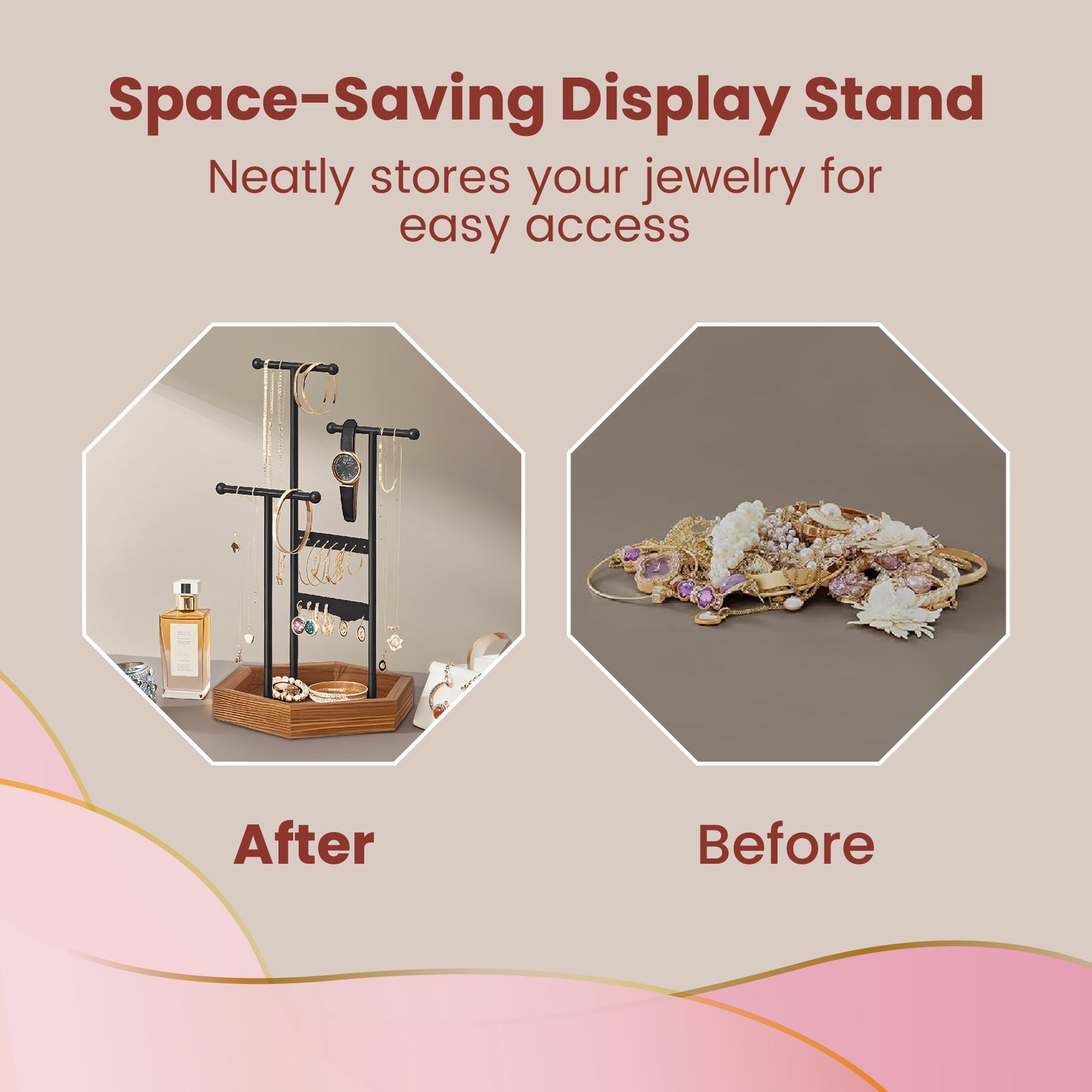 3-Tier Jewelry Display Stand with 16 Earring Holes, 3 Adjustable T-Bars, Hexagonal Base for Necklaces Bracelets Rings, Ink Black and Caramel Brown