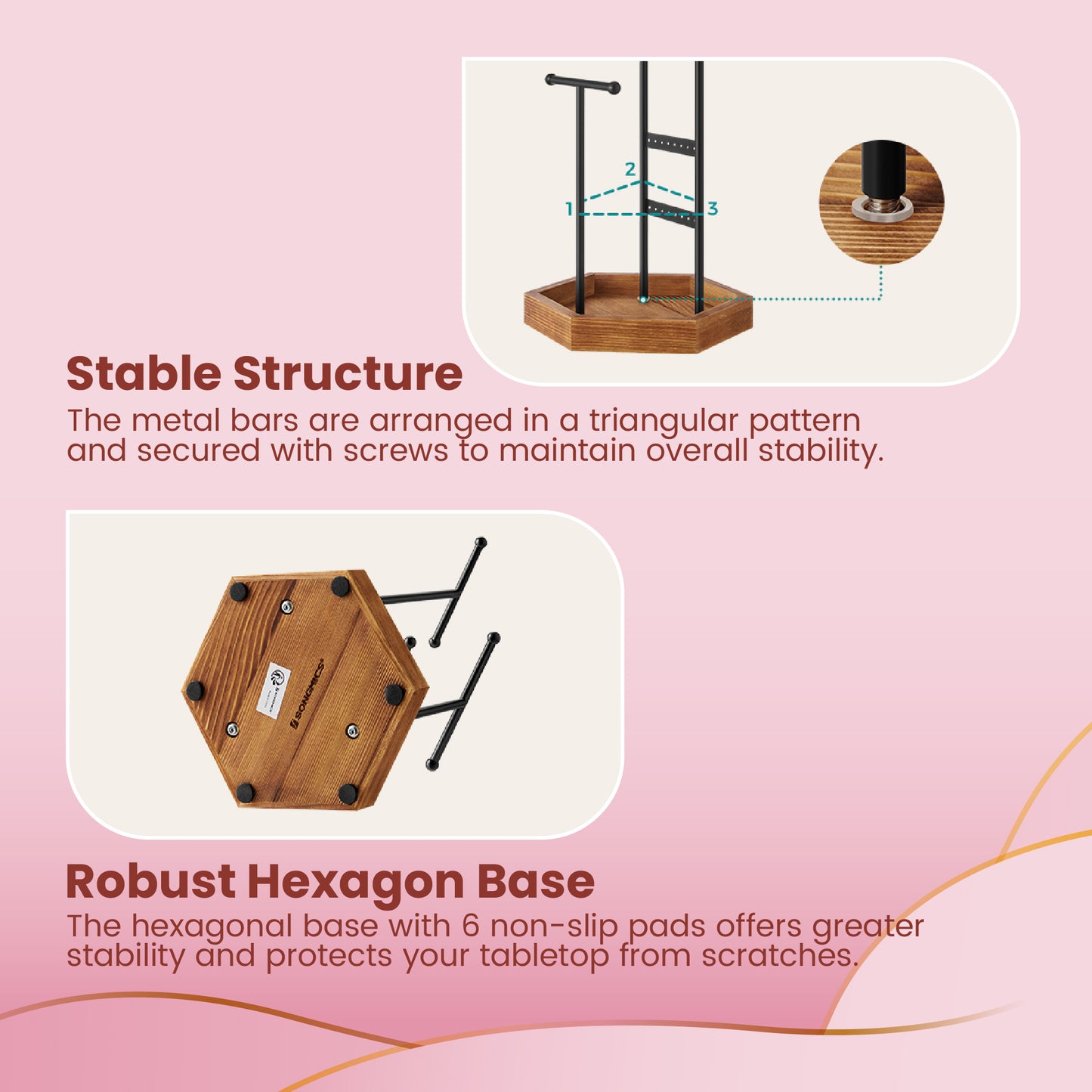 3-Tier Jewelry Display Stand with 16 Earring Holes, 3 Adjustable T-Bars, Hexagonal Base for Necklaces Bracelets Rings, Ink Black and Caramel Brown