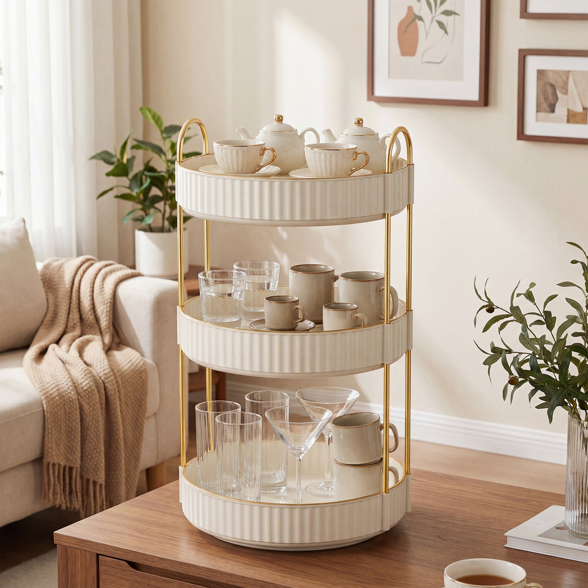 LEDREM Makeup Organizer, 3-Tier 360° Rotating Skincare Organizer Countertop for Vanity, 9.1 x 9.1 x 18.7 inches, White