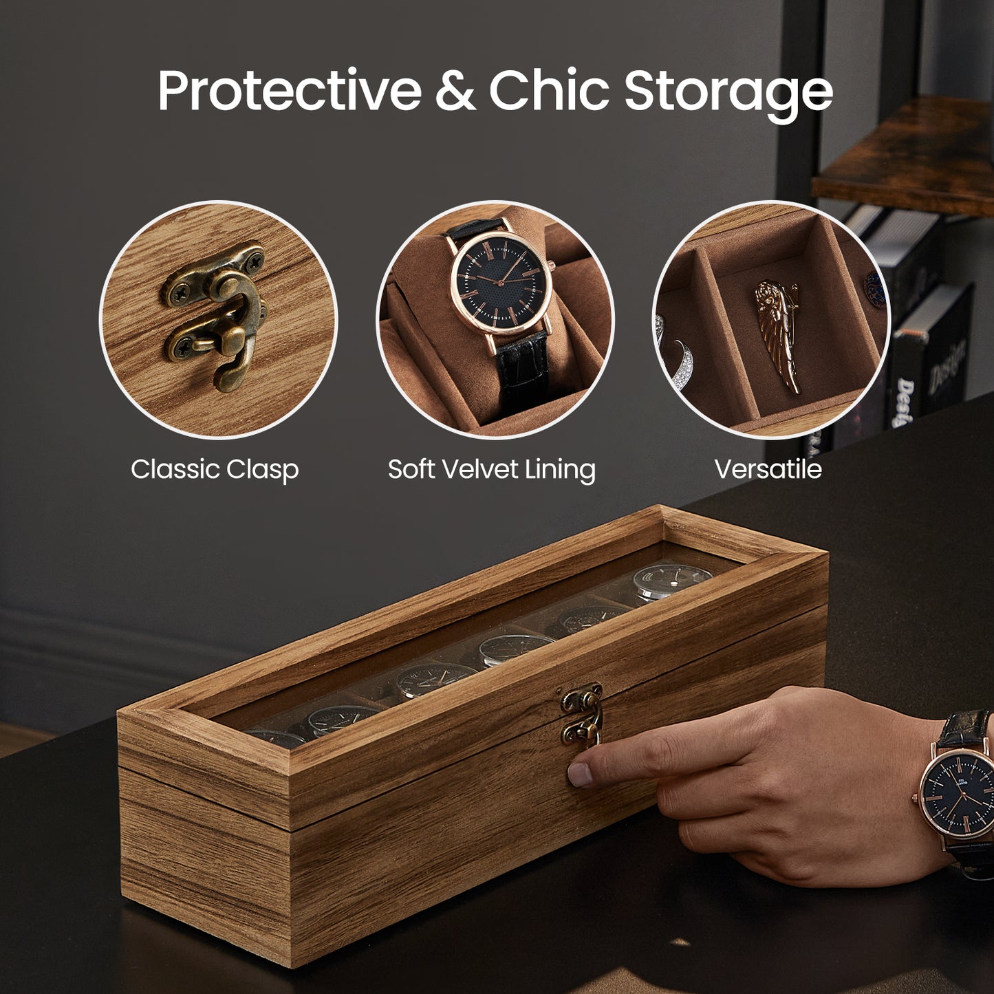 6-Slot Wooden Watch Box with Clear Glass Lid, Luxury Watch Storage Organizer with Soft Removable Pillows, Durable & Elegant, Brown