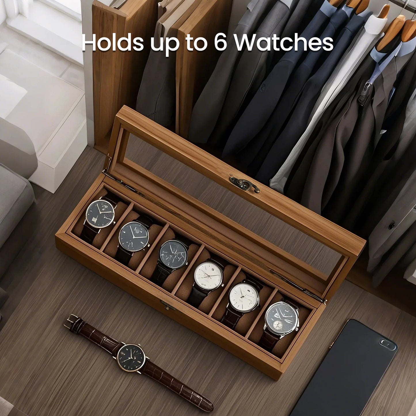 6-Slot Wooden Watch Box with Clear Glass Lid, Luxury Watch Storage Organizer with Soft Removable Pillows, Durable & Elegant, Brown