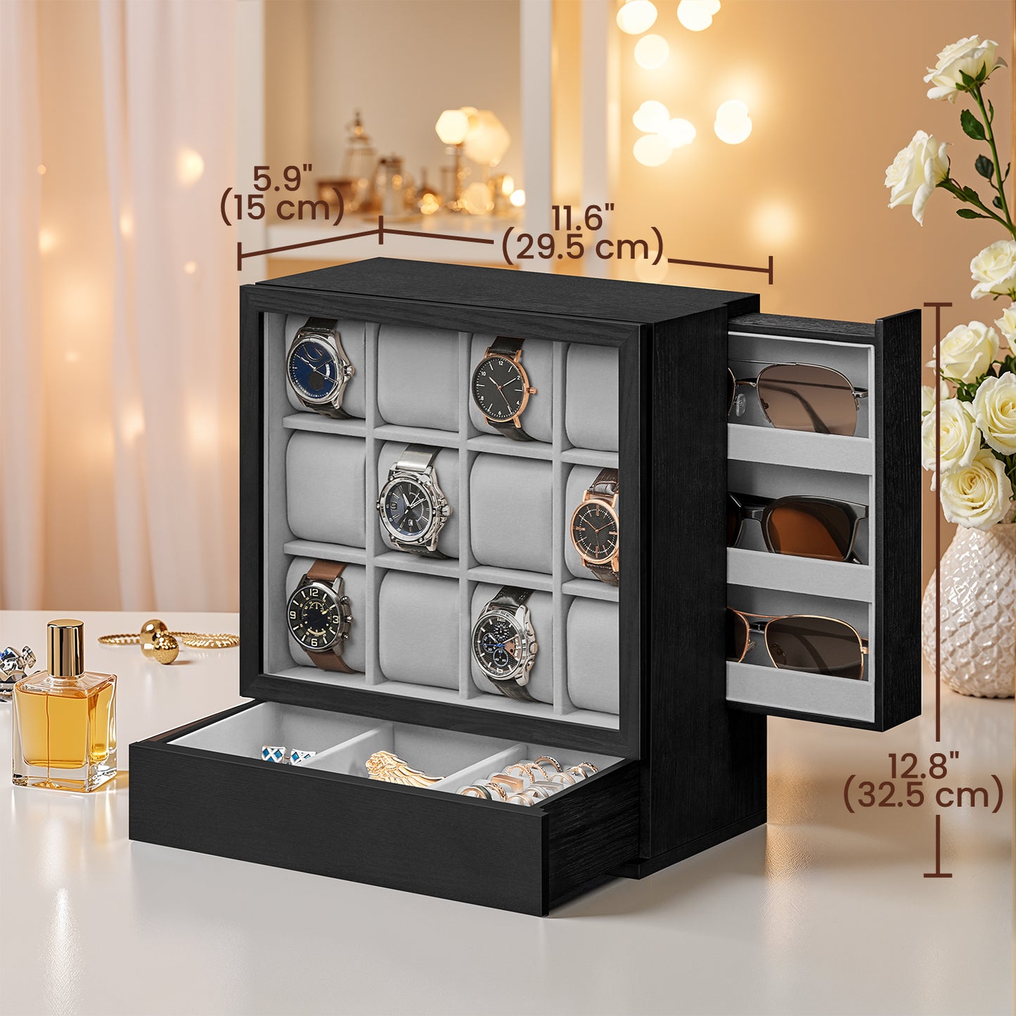 12-Slot Vertical Watch Box with Display Window, Wood Veneer Case with Hidden Drawers, Velvet Lining, Space-Saving, Ebony Black