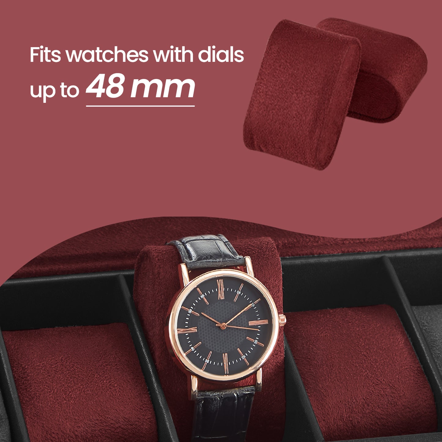 6-Slot Luxury Watch Box with Glass Lid, PU Leather Case with Removable Pillows & Velvet Lining, Watch Organizer, Black Synthetic Leather, Wine Red Lining