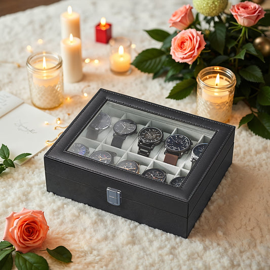 10-Slot Watch Box with Large Glass Lid & Removable Pillows, Luxury Watch Organizer Case, Durable Synthetic Leather, Gray