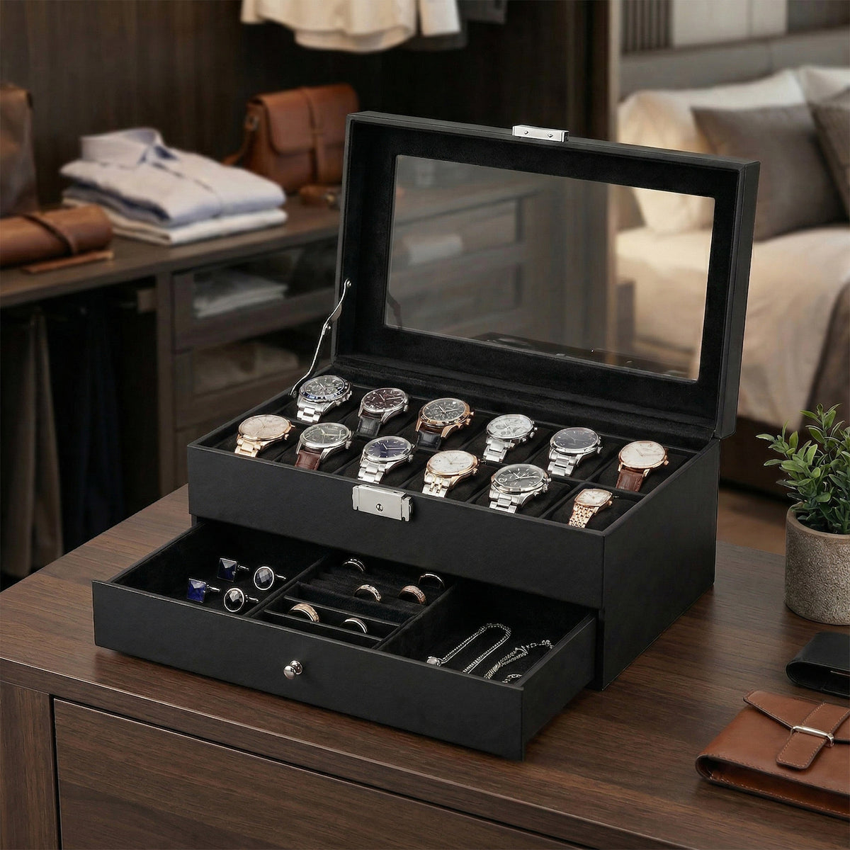LEDREM Watch Box Organizer for Men 12-Slot Glass Top Display Case with Jewelry Drawer 12.8 x 7.4 x 5.2 inches Black
