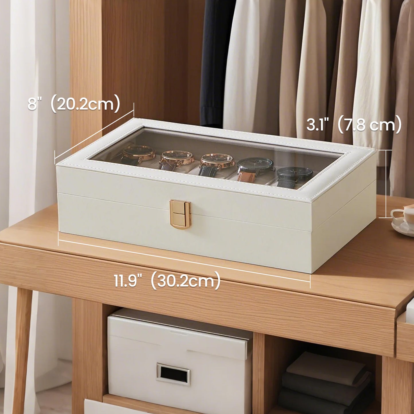 12-Slot Luxury Watch Display Case with Glass Top & Removable Pillows, PU Leather Watch Organizer, Gift Box, Cloud White and Cappuccino