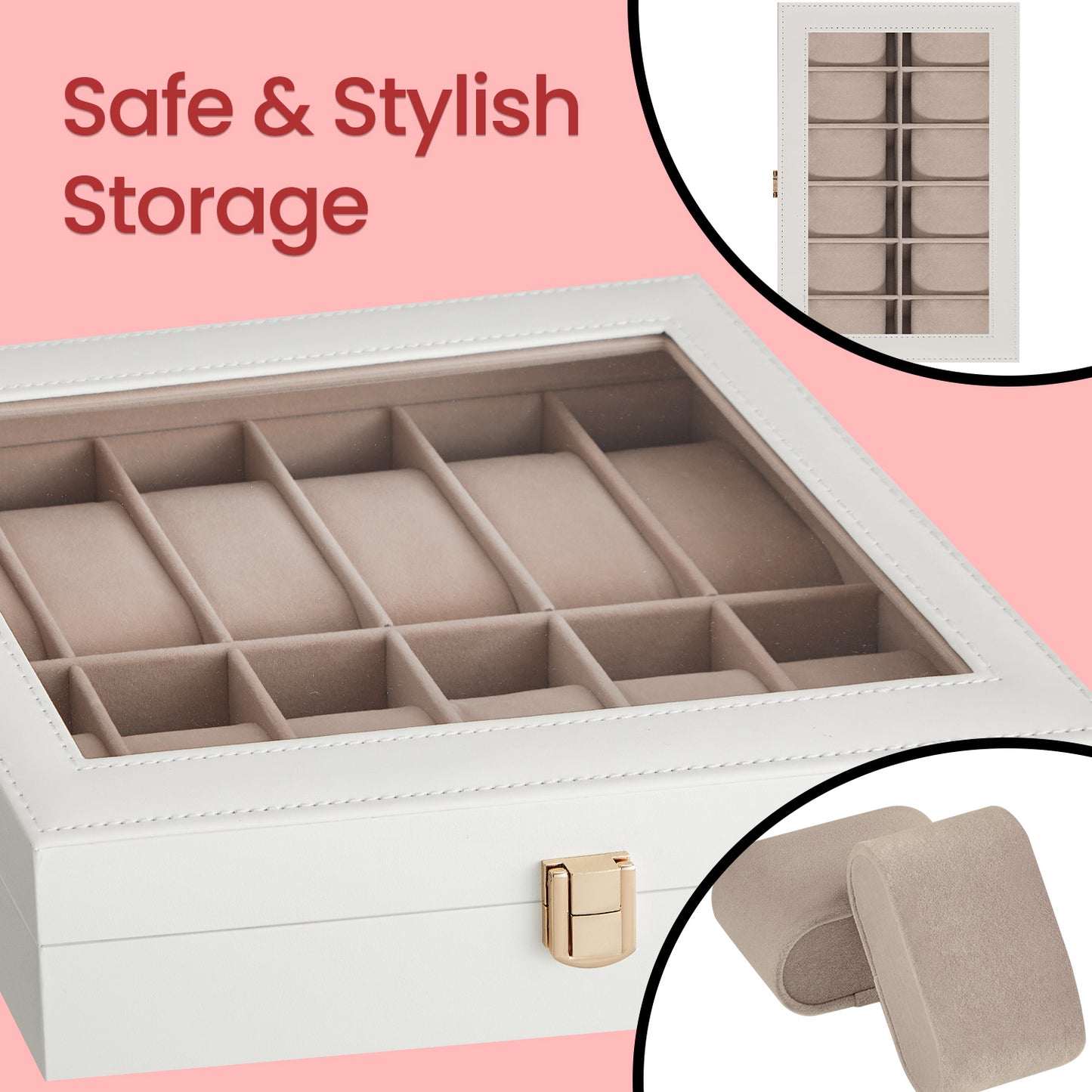 12-Slot Luxury Watch Display Case with Glass Top & Removable Pillows, PU Leather Watch Organizer, Gift Box, Cloud White and Cappuccino
