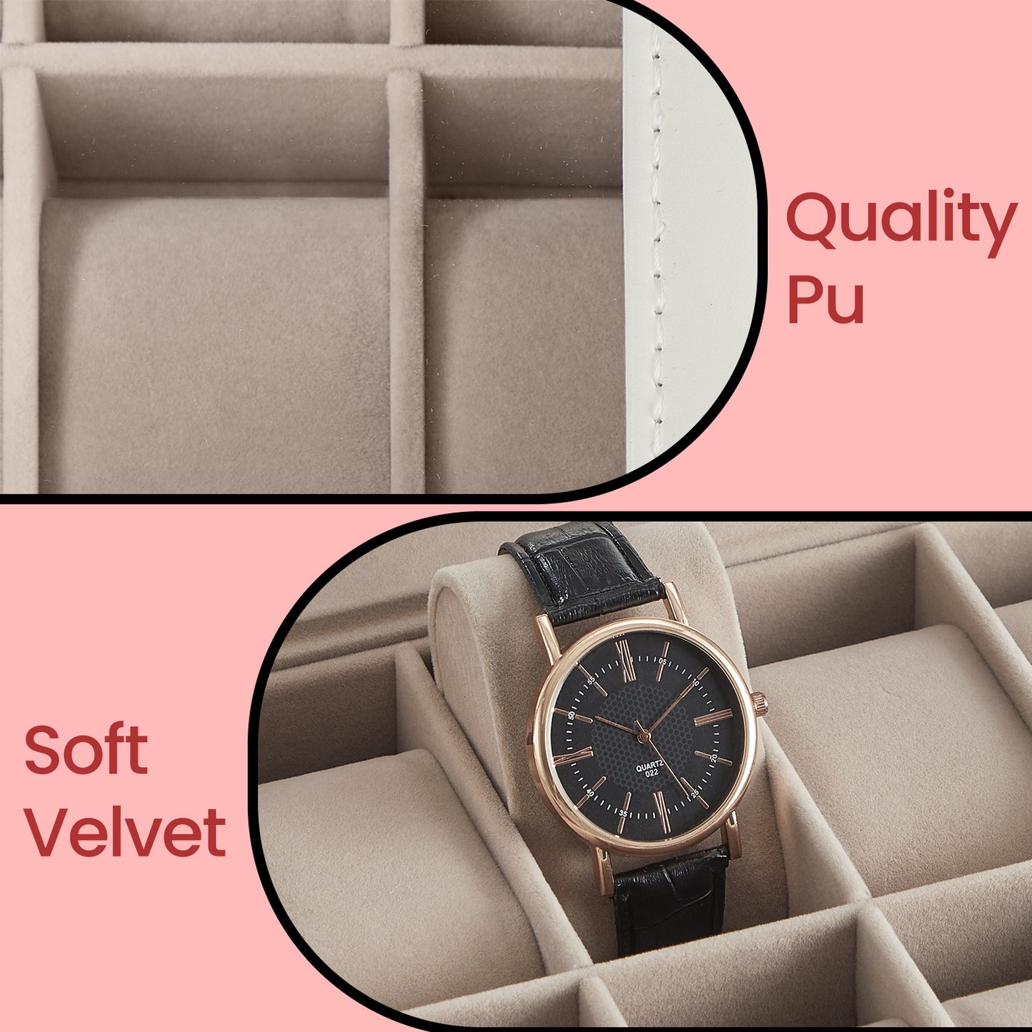 12-Slot Luxury Watch Display Case with Glass Top & Removable Pillows, PU Leather Watch Organizer, Gift Box, Cloud White and Cappuccino