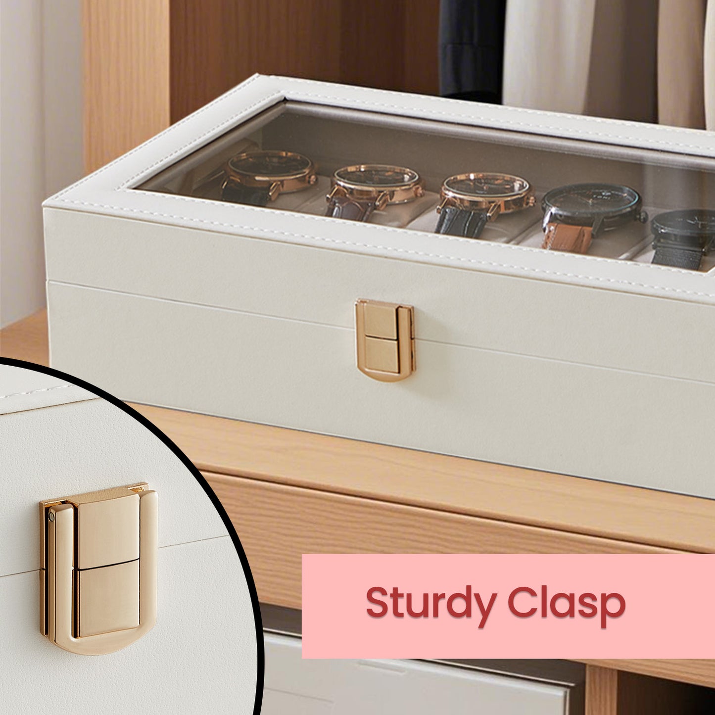 12-Slot Luxury Watch Display Case with Glass Top & Removable Pillows, PU Leather Watch Organizer, Gift Box, Cloud White and Cappuccino