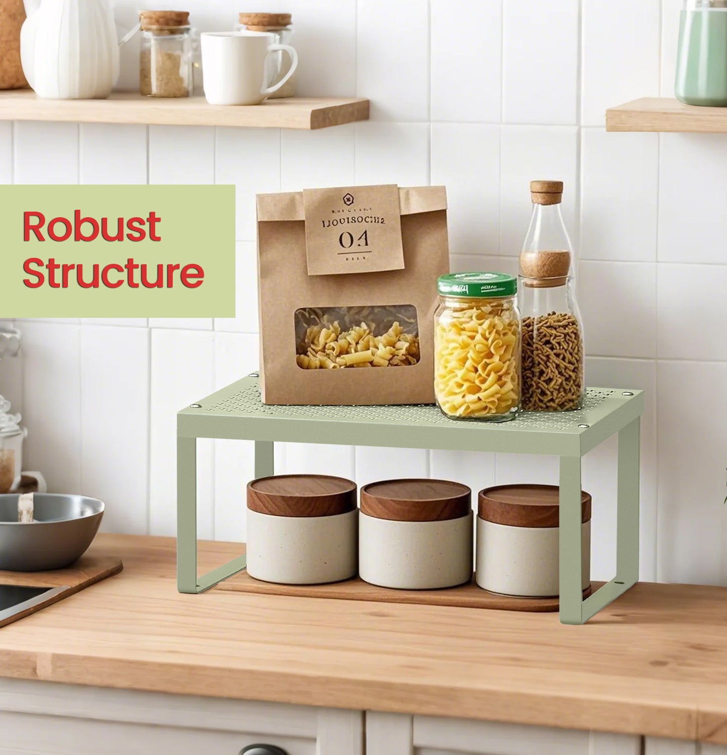 2-Tier Stackable Spice Rack Organizer – Heavy-Duty Metal Shelf Risers, Expandable Cabinet & Countertop Storage, Space-Saving Design, Sage Green