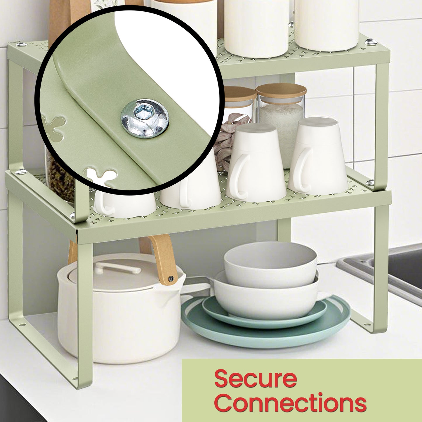 2-Tier Stackable Spice Rack Organizer – Heavy-Duty Metal Shelf Risers, Expandable Cabinet & Countertop Storage, Space-Saving Design, Sage Green
