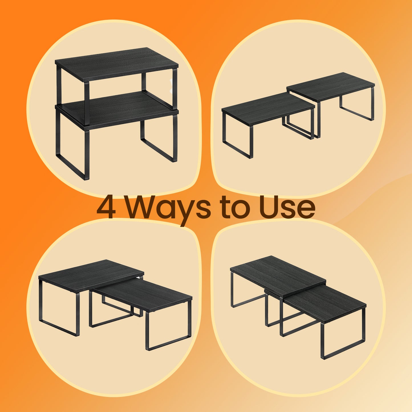 4-Pack Kitchen Organizer Shelves - Stackable, 33lb Capacity, Adjustable Storage Rack, Metal/Wood, Ink Black and Ebony Black