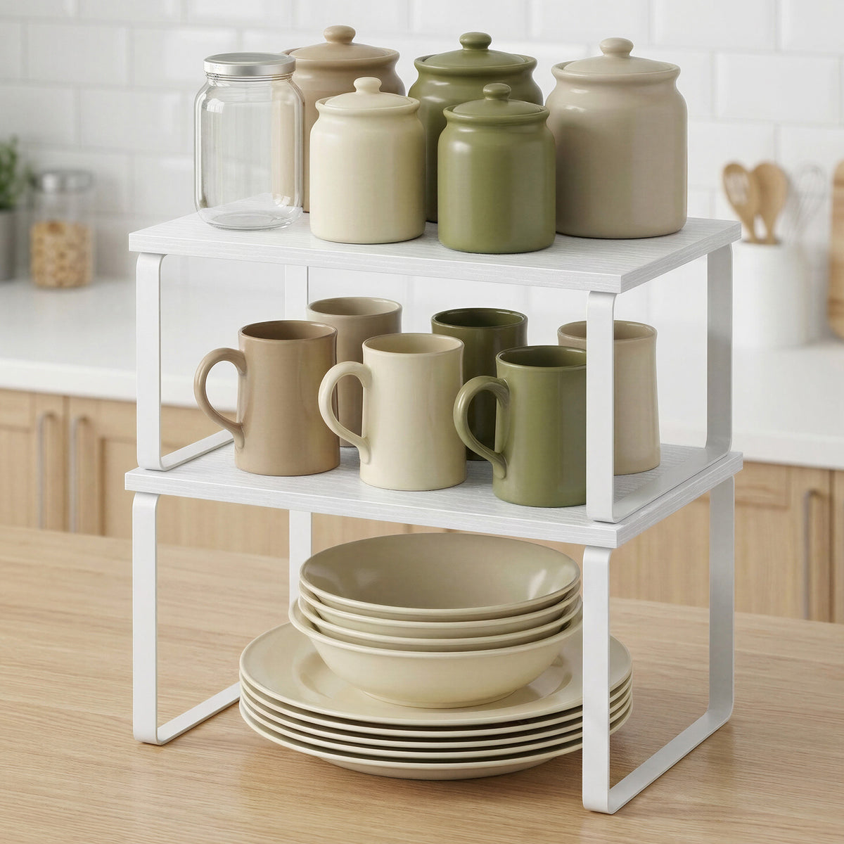 LEDREM Set of 4 Pantry Storage Racks, Expandable Stackable Cupboard Organisers, for Kitchen, Metal and Wood, White